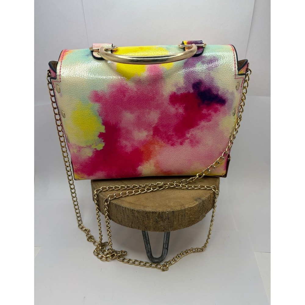 Tie Dye Watercolor Crossbody Bag Gold Chain Strap Studded Top Handle Pink Yellow - Picture 4 of 4